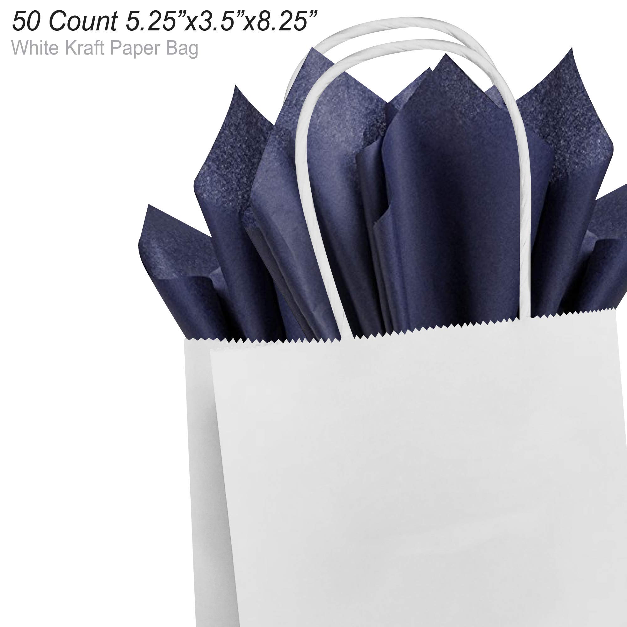 Premium White Kraft Paper Gift Bags with Navy Blue Tissue Paper - 5.25