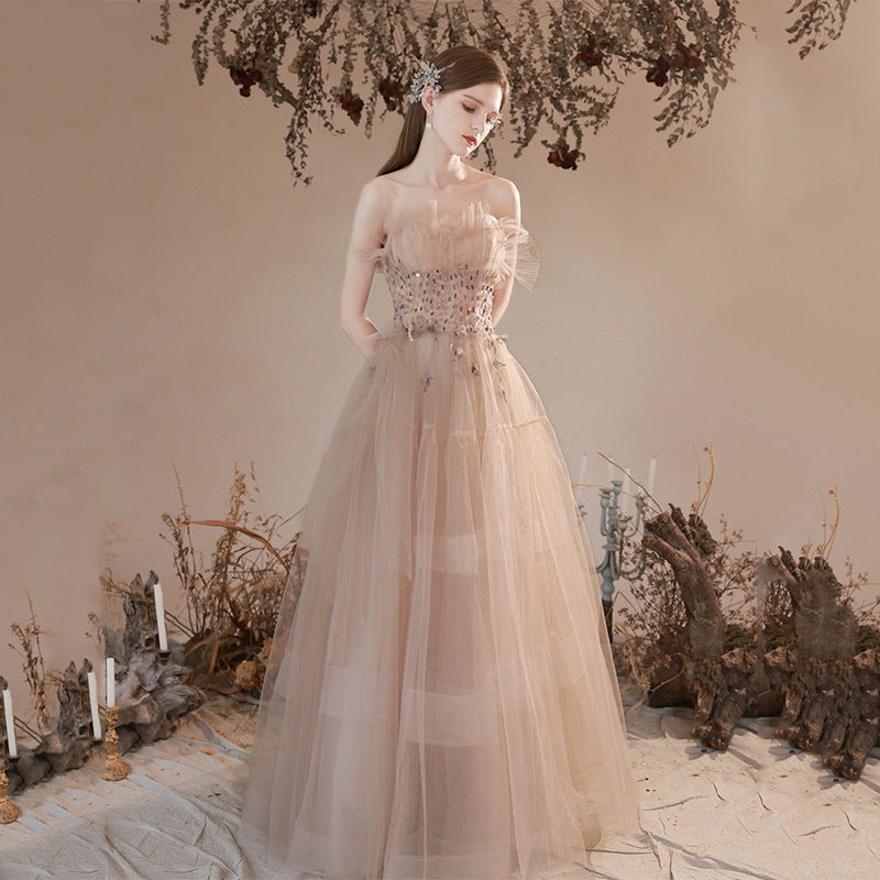 Champagne Off Shoulder Tulle Prom Dress with Beading - Elegant Formal Party Gown for Homecoming, Quinceañera & Evening Events - Style 676