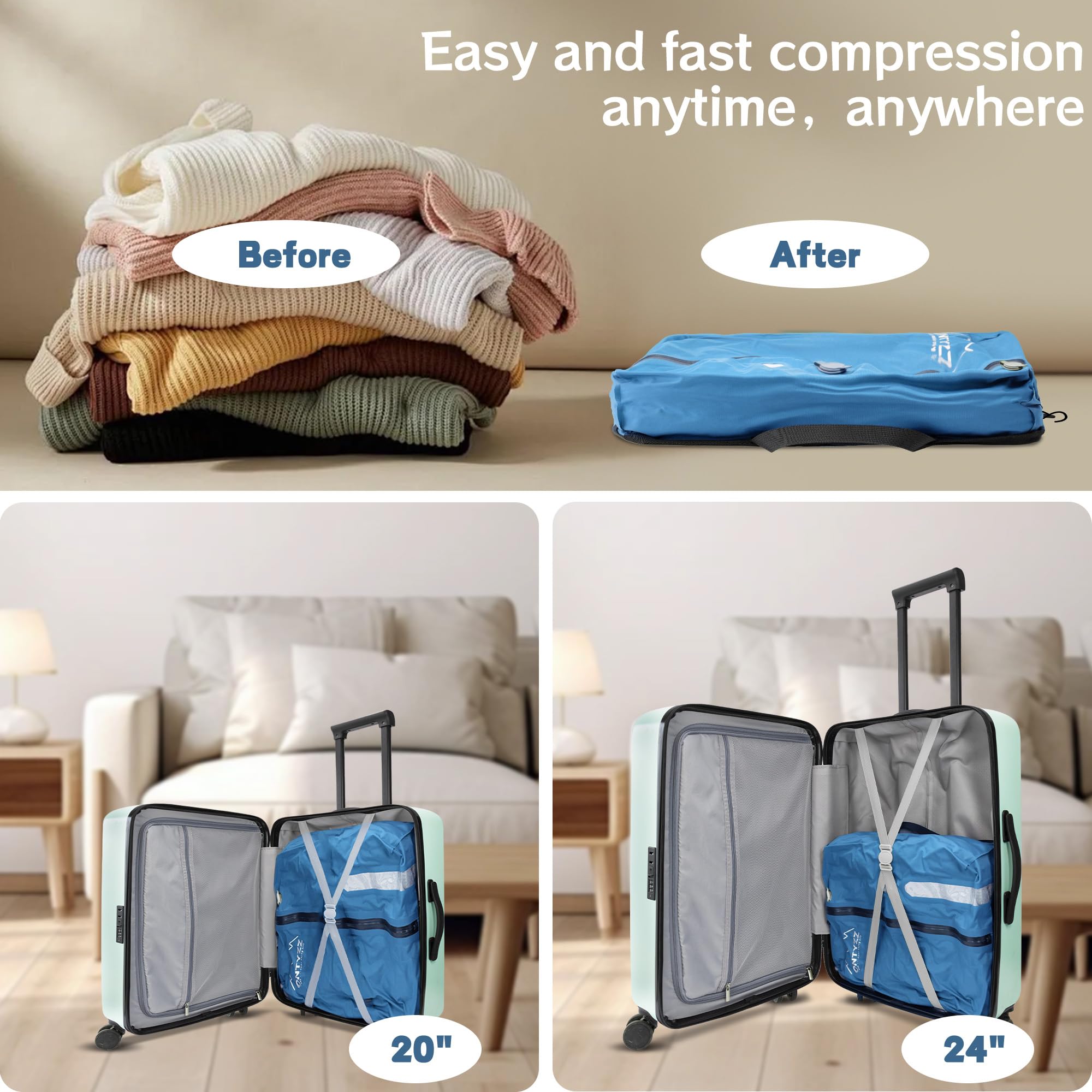 ONTYZZ Reusable Travel Vacuum Compression Bags - 2 Pack Waterproof Space Saver Bags with IP67 Zipper for Suitcase Organization (Blue) | Perfect for Packing Clothes, Blankets & Travel Accessories