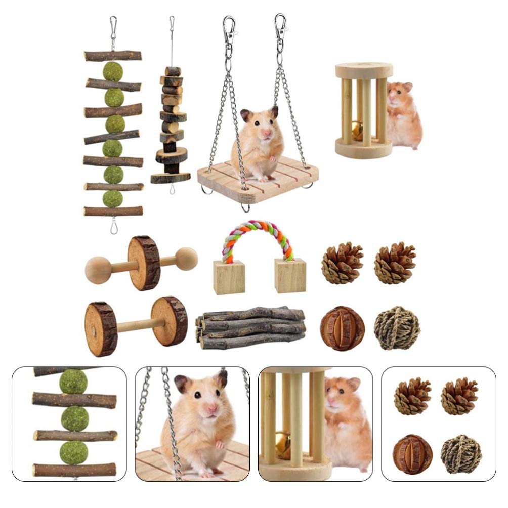 Balacoo 12pcs Natural Wood Hamster Chew Toys for Rabbits, Guinea Pigs & Small Pets - Teeth Grinding, Play & Exercise Toys for Cage Enrichment (Great for Chewing, Climbing & Mental Stimulation)