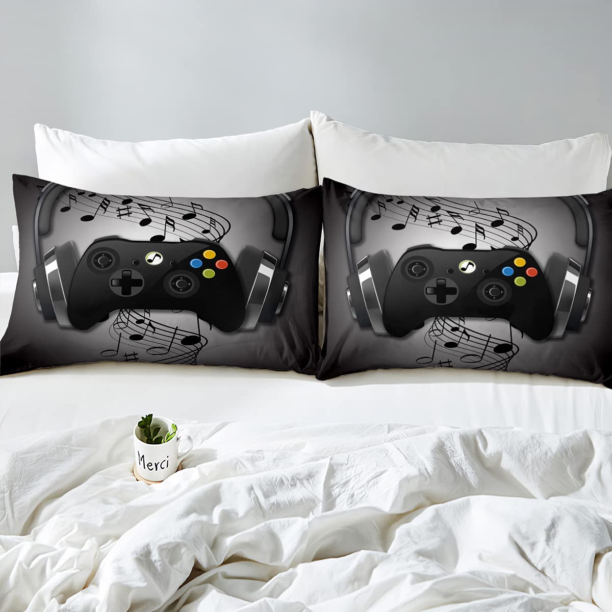 Black & Grey Gaming Bed Sheet Set with Headphones & Musical Notes Design - 4 Piece Full Size Fitted & Flat Sheets for Boys' Video Game Room Decor | Perfect for Gaming Enthusiasts & Retro Gamepad Themed Bedrooms