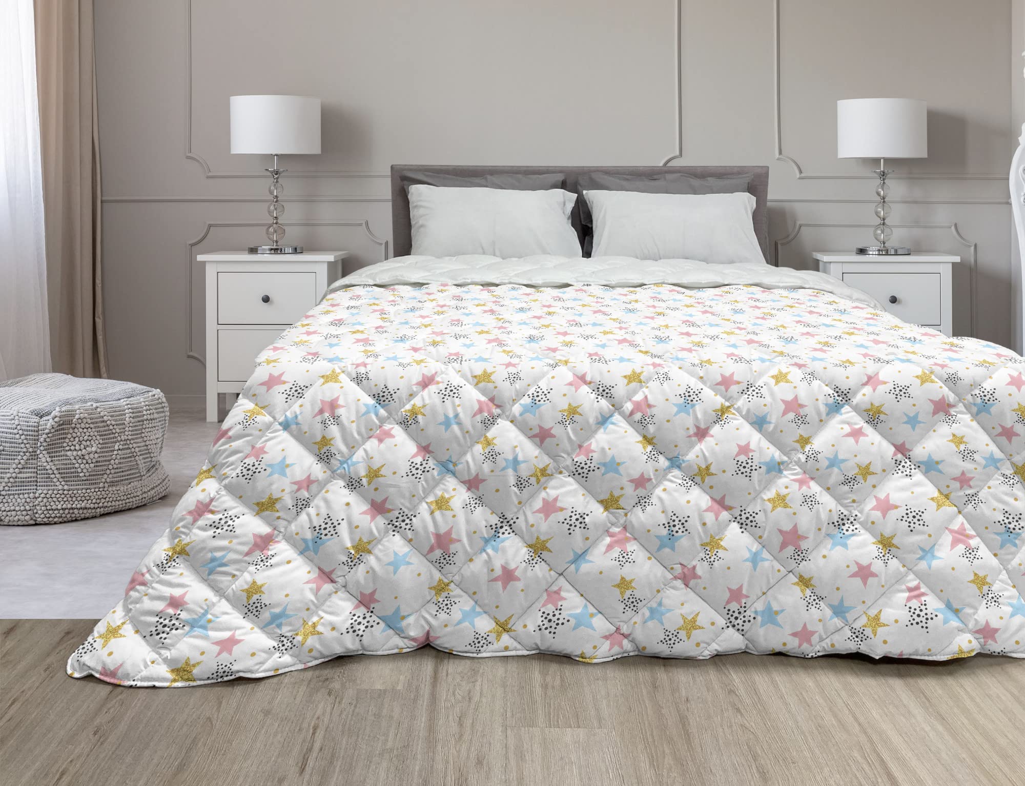Ambesonne Stars Down Alternative Comforter - Twin Size Sky Cosmos Galaxy Print Microfiber Quilt | All-Season Lightweight Bedding | Pastel Pink Blue Mustard | Perfect for Kids Rooms, Guest Bedrooms & Dorm Decor