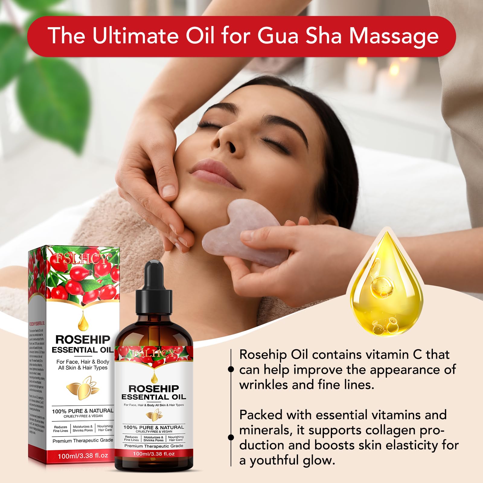 Organic Cold Pressed Rosehip Seed Oil 3.38 oz - 100% Pure & Natural Face Oil for Skin Care, Hair Growth, Gua Sha & Massage | Anti-Aging Moisturizer for Dry Skin, Acne Scars & Wrinkles | Perfect for Night Routine & DIY Beauty Treatments