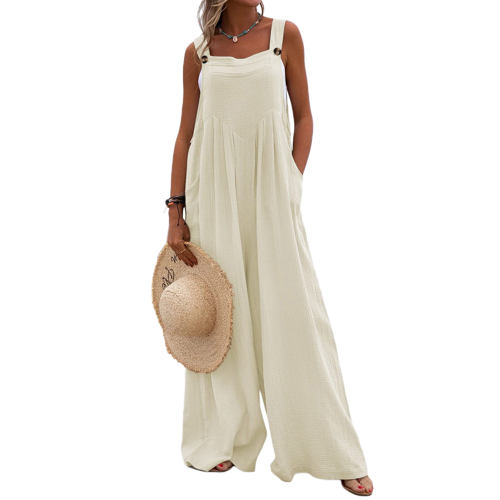 Kaipiclos Women's Baggy Overalls - Plus Size Wide Leg Jumpsuit, Loose Linen Suspender Overalls with Pocket - Solid Color Summer Outfit for Casual Wear, Travel & Outdoor Activities