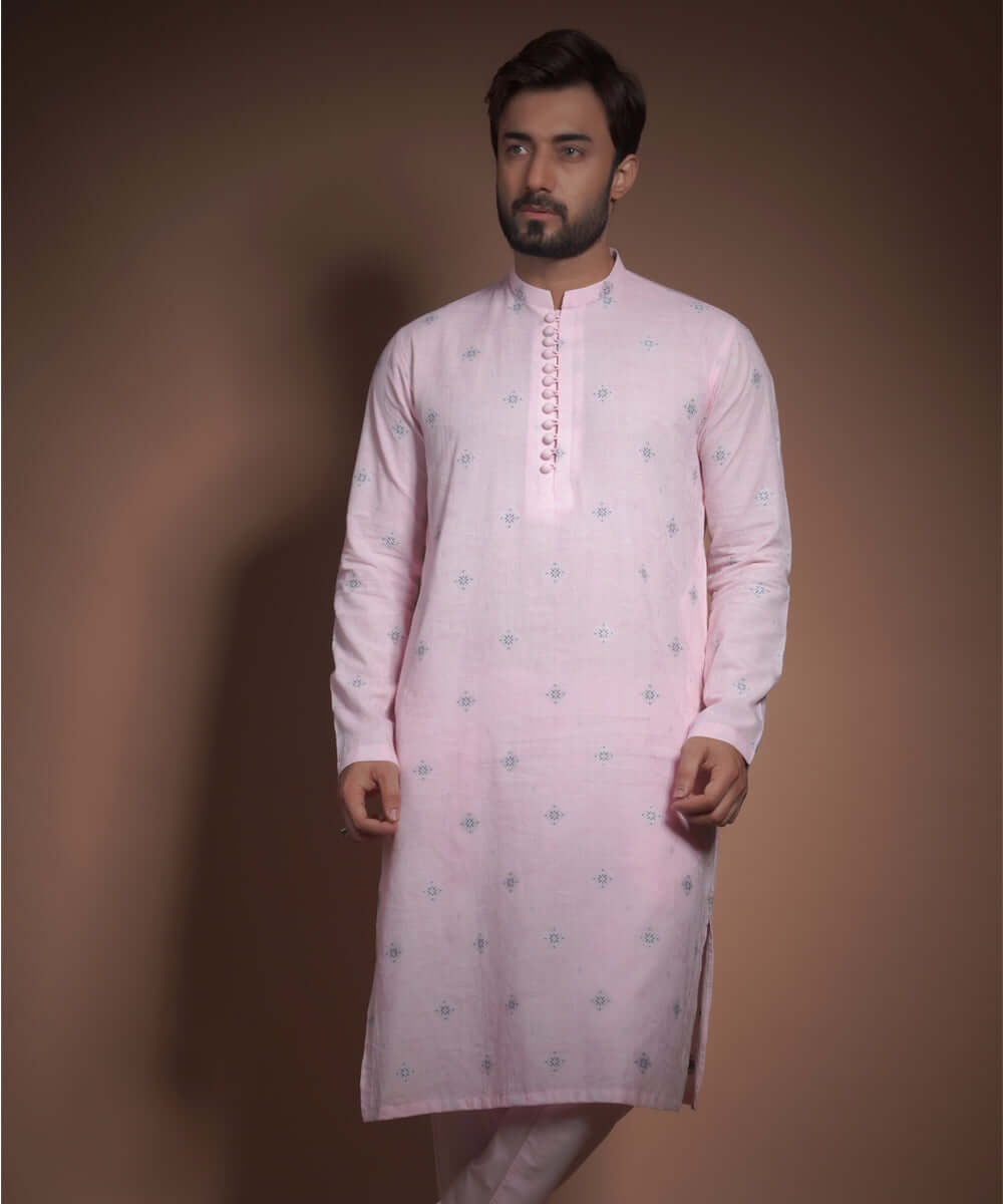 Elegant Pink Cotton Jacquard Kurta for Women | Traditional Indian Embroidered Tunic Top | Perfect for Festivals, Weddings & Casual Wear