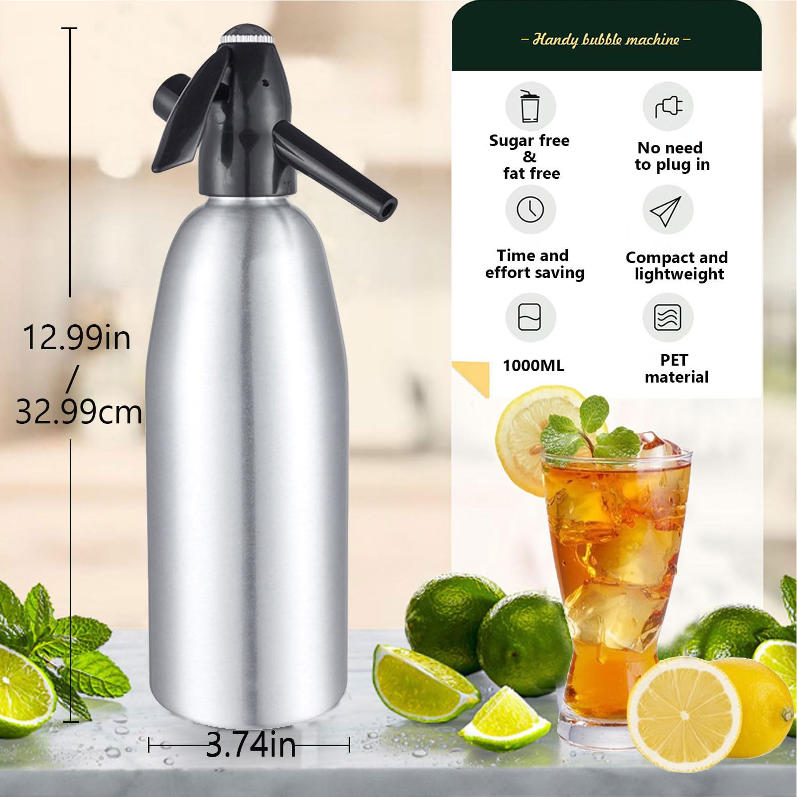 1L Portable Soda Siphon Sparkling Water Maker Machine - Home & Outdoor Carbonated Water Dispenser for Fresh Soda, Cocktails & Drinks | Uses 8g CO2 Cartridges (Not Included) | Perfect for Parties, Camping & Kitchen Use