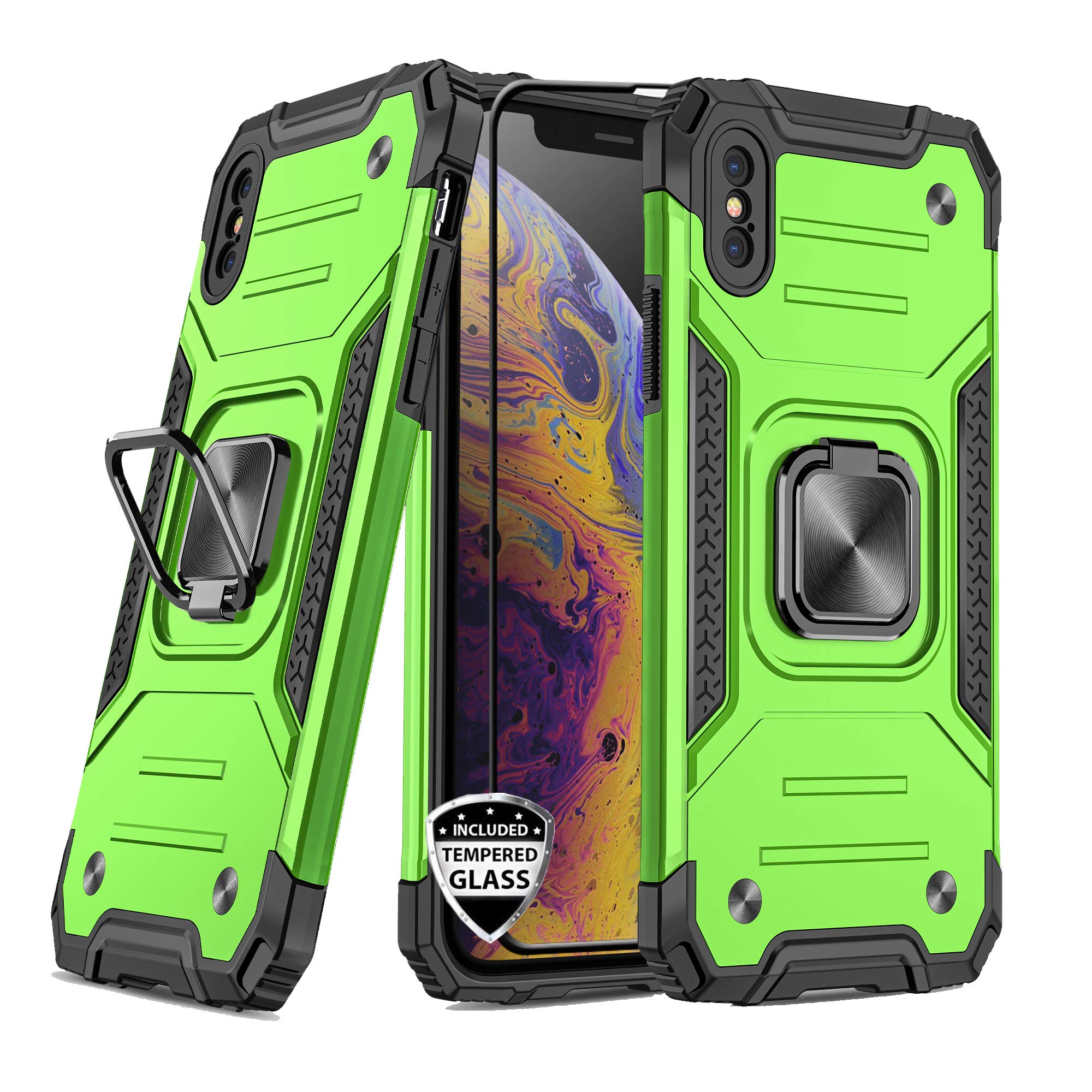 REEJAX Heavy Duty Rugged iPhone Xs Max Case with Magnetic Ring Kickstand & Screen Protector - Shockproof Protective Cover for Apple iPhone Xs Max (Green) | Perfect for Car Mounting, Outdoor Adventures & Daily Protection