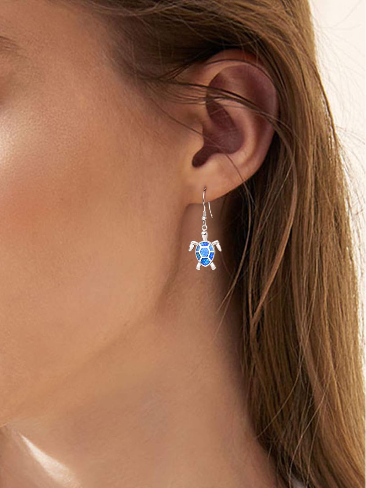 KINGWHYTE 925 Sterling Silver Turtle Dangle Earrings with Hawaiian Blue Opal - Elegant Animal Jewelry Gifts for Women | Perfect for Beach Vacations, Summer Outfits & Boho Fashion