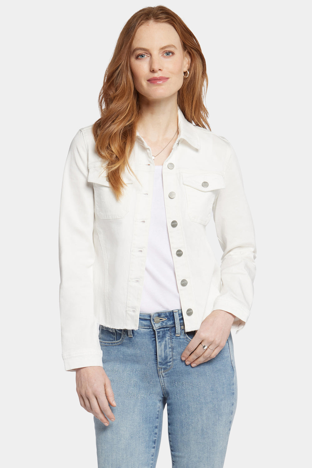 Stylish Frayed Hem Denim Jacket in Optic White - Perfect for Casual Outfits & Streetwear Looks