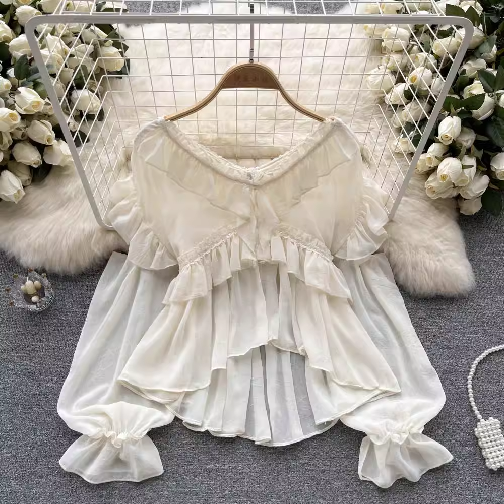 Stylish Irregular Ruffle Shirt with Bell Sleeves - Fairy Top 1067 for Women | Boho Chic Blouse for Casual Wear, Date Night & Festival Outfits