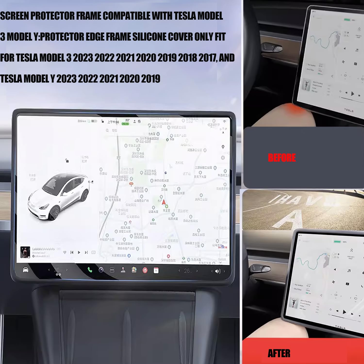 3 in 1 DIY Silicone Pad Set for Tesla Model 3/Y (2021-2023) - Non-Slip Wireless Charging Pad, Screen Protector Frame & Rear View Mirror Cover | Premium Center Console Accessories for Safe Driving & Phone Protection