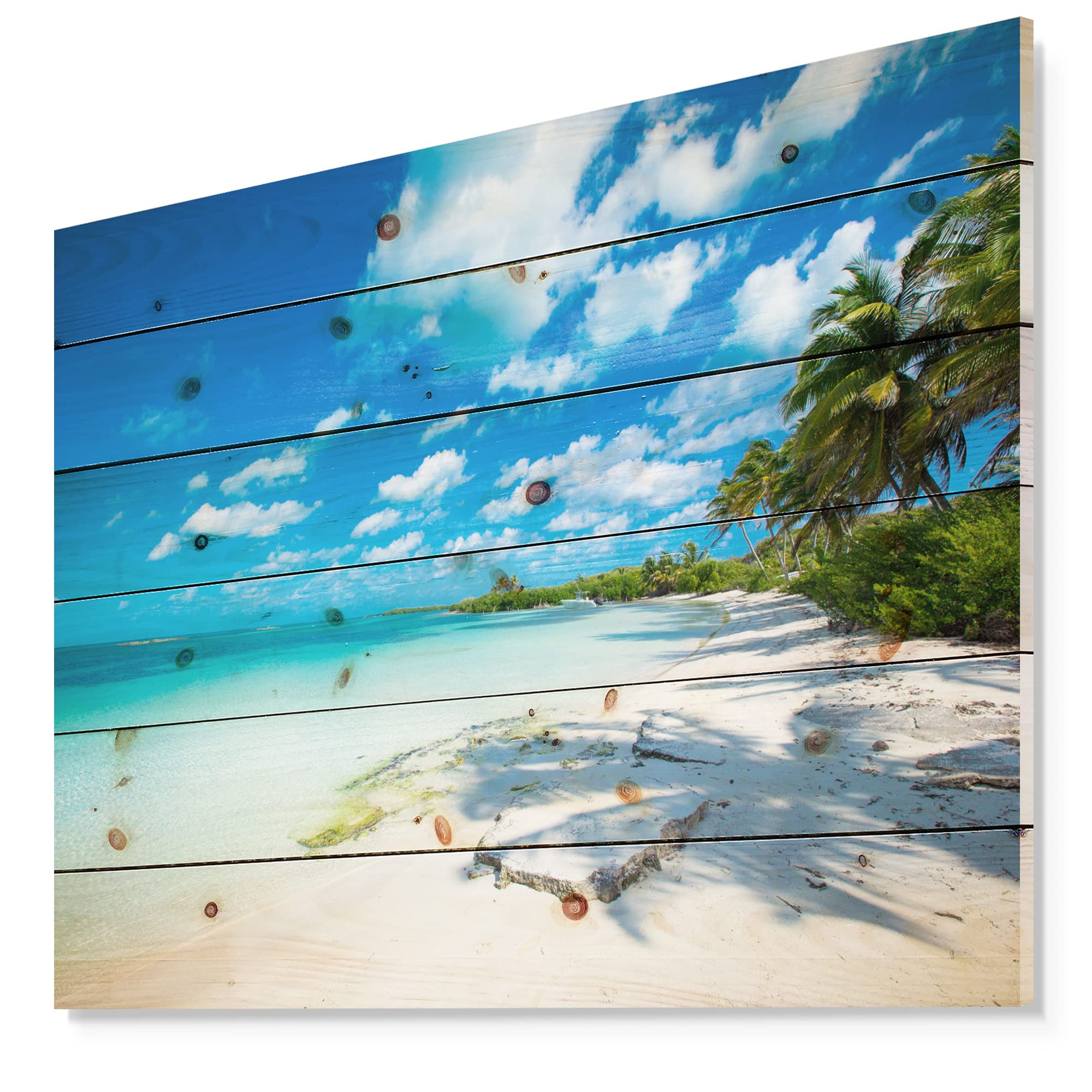 Tropical Beach Wood Wall Art - Coastal & Nautical Decor with Palm Shadows, Blue Wooden Wall Panels Printed on Natural Pine - Perfect for Beach House, Living Room, or Office Decor