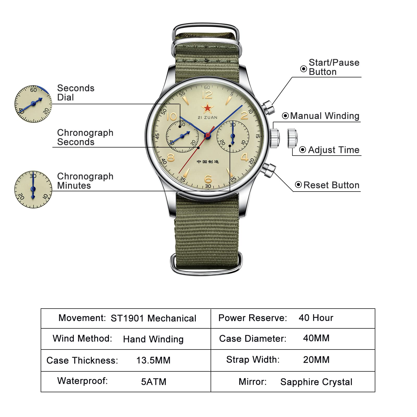 AESOP Chronograph Mechanical Men's Watch with ST1901 1963 Movement - Manual Wind Analog Wristwatch, Stainless Steel Case, Sapphire Crystal, Waterproof & Luminous - Perfect for Pilot, Military, and Casual Wear