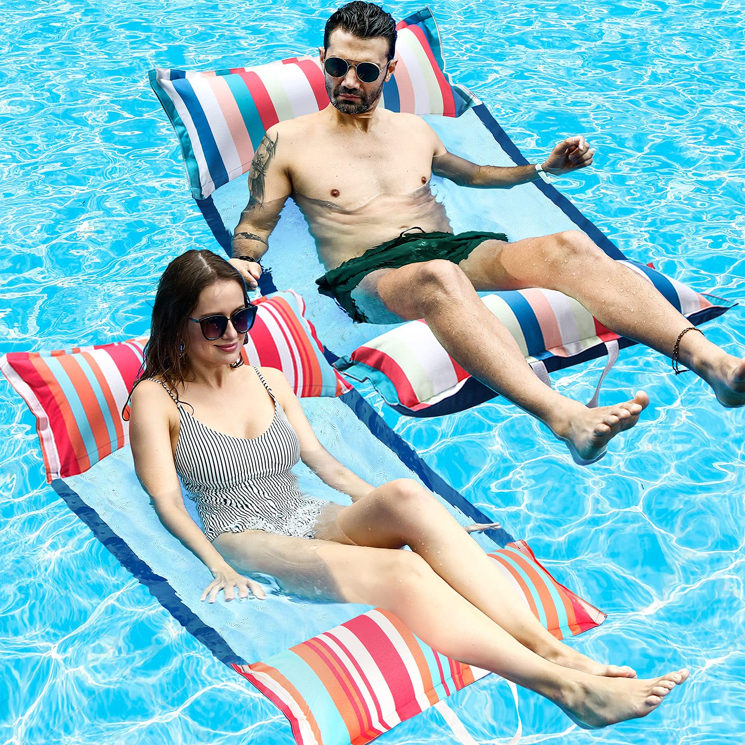 FindUWill Fabric Pool Hammock Floats, XL 2-Pack Inflatable Water Hammocks for Adults - Multi-Purpose Pool Float Lounger (Saddle, Lounge Chair, Drifter) for Relaxing in Pool, Lake, Beach & Summer Vacation