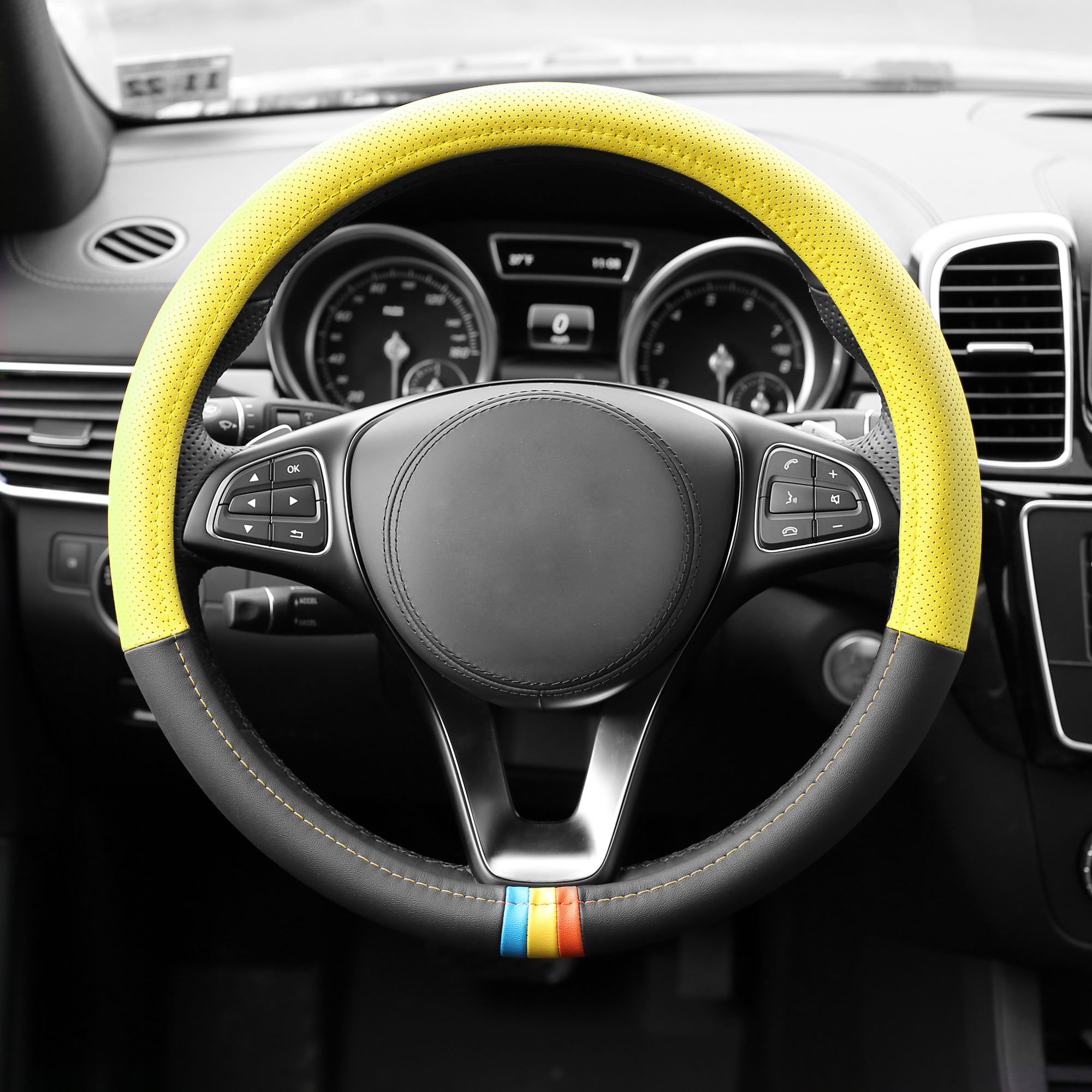 FH Group Full Spectrum Microfiber Leather Steering Wheel Cover - Universal Fit for Cars & SUVs - Yellow | Non-Slip Grip, Heat & UV Protection | Perfect for Road Trips & Daily Commuting