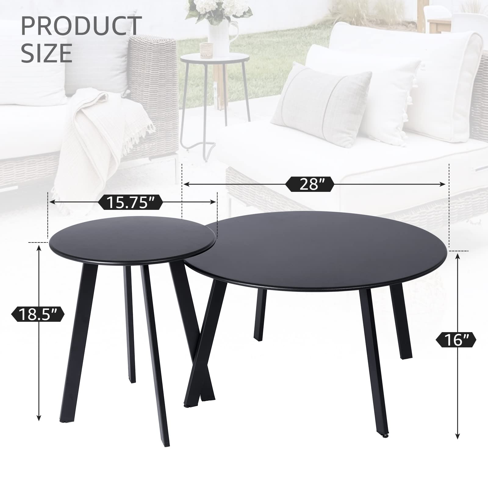 Weather-Resistant Outdoor Coffee Table Set of 2 - Modern Round Patio End Tables for Balcony, Living Room & Home Office - Durable Black Furniture for Garden, Poolside & Backyard Relaxation