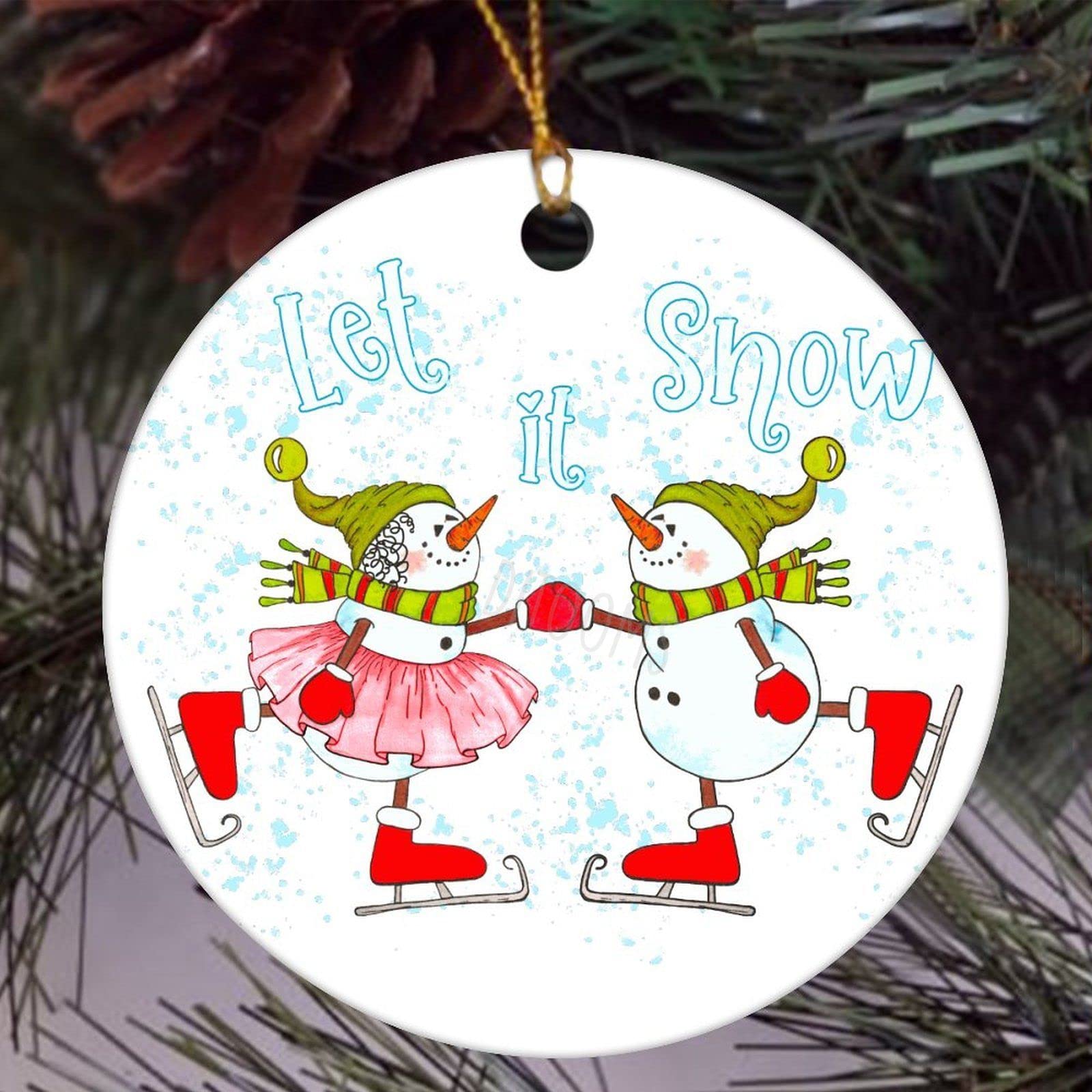 Let It Snow Dancing Snowmen White Ceramic Christmas Ornament - Round Holiday Decor Keepsake for Xmas Tree - Perfect for Home, Office & Gift Giving