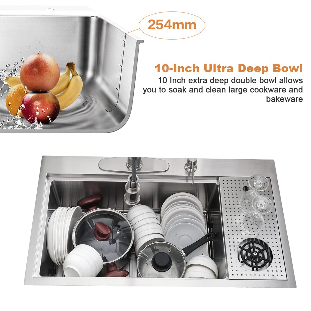 Bokaiya 33x19 Drop In Kitchen Sink with Glass Rinser & Cup Washer - 16 Gauge Stainless Steel Deep Single Bowl Workstation for Modern Kitchens