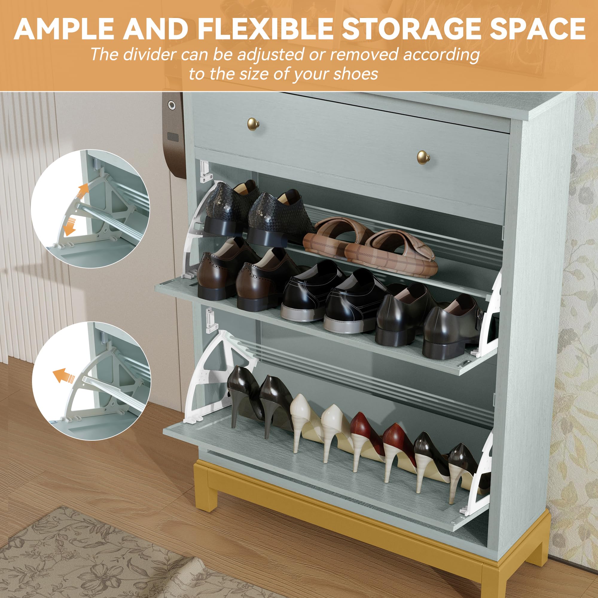 Space Saving Hidden Shoe Cabinet with 2 Flip Doors & 1 Drawer - Freestanding Entryway Shoe Storage Organizer, Narrow Shoe Rack for Hallway, Living Room, Bedroom - Green with Gold Legs - Perfect for Small Spaces & Apartment Entryways