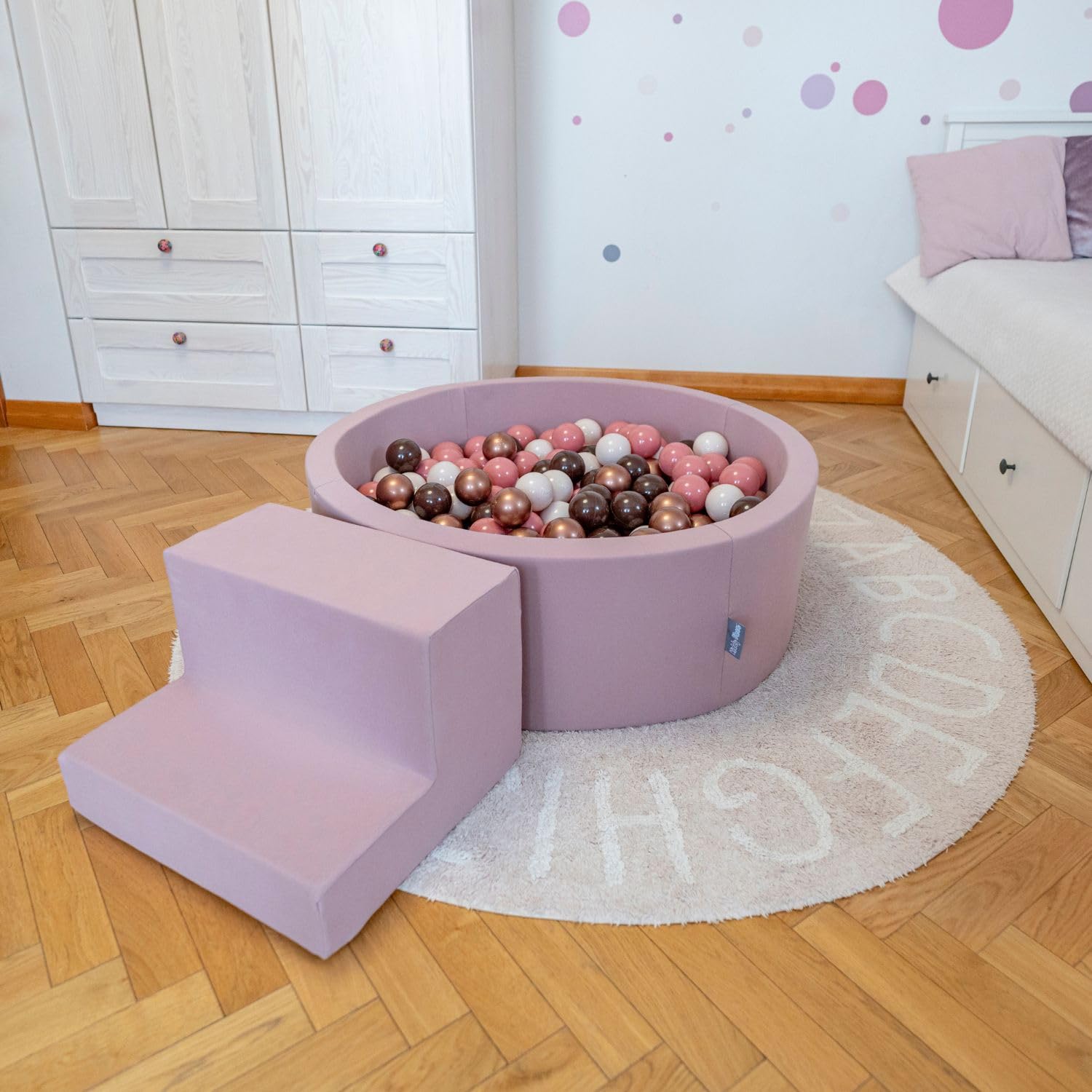 KiddyMoon Foam Play Mat with Ball Pit (200 Balls) - Kids Obstacle Course & Playroom Toy Set - Heather Brown/Copper/Pastel Beige/Salmon - Perfect for Indoor Playrooms, Daycares & Toddler Activities