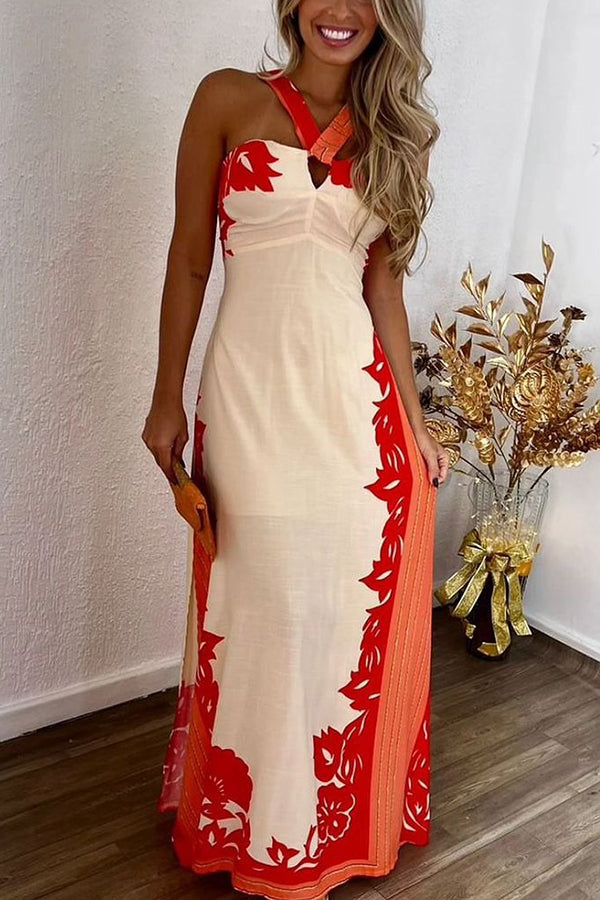 Unique Print Halter Neck Hollow Back Tie Maxi Dress - Flowy Summer Beach Dress for Women, Boho Chic Party & Vacation Outfit