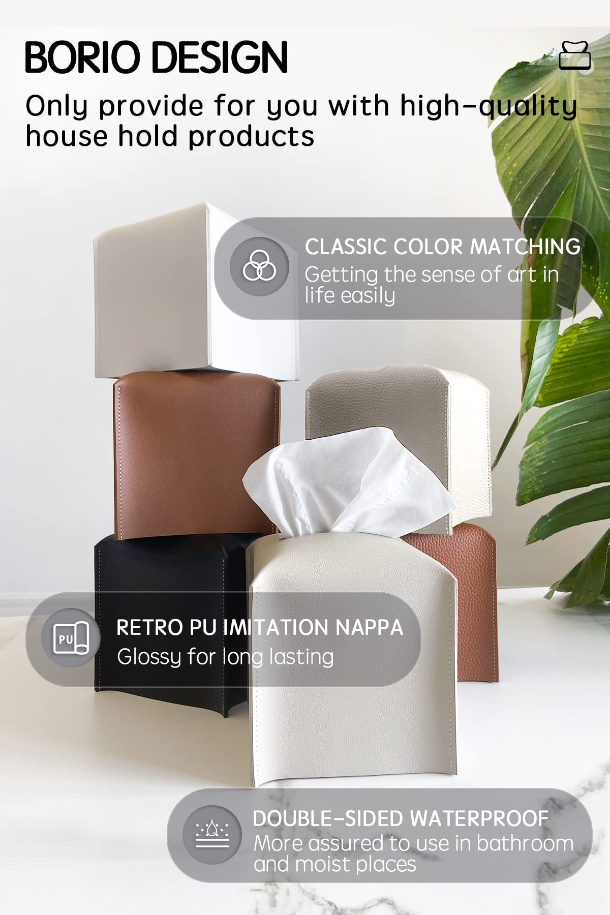 Premium PU Leather Tissue Box Cover - Modern Square Decorative Holder for Bathroom, Vanity, Nightstand, Office & Car (5