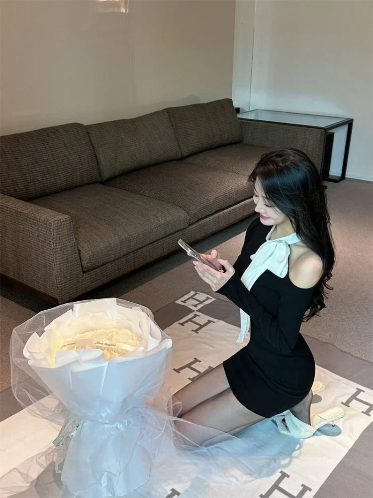 Black Off Shoulder Bodycon Mini Dress for Women - Sexy Wrap Slim Short Party Dress | Korean Fashion Kpop Bow Design | Perfect for Evening Parties, Clubbing & Date Nights