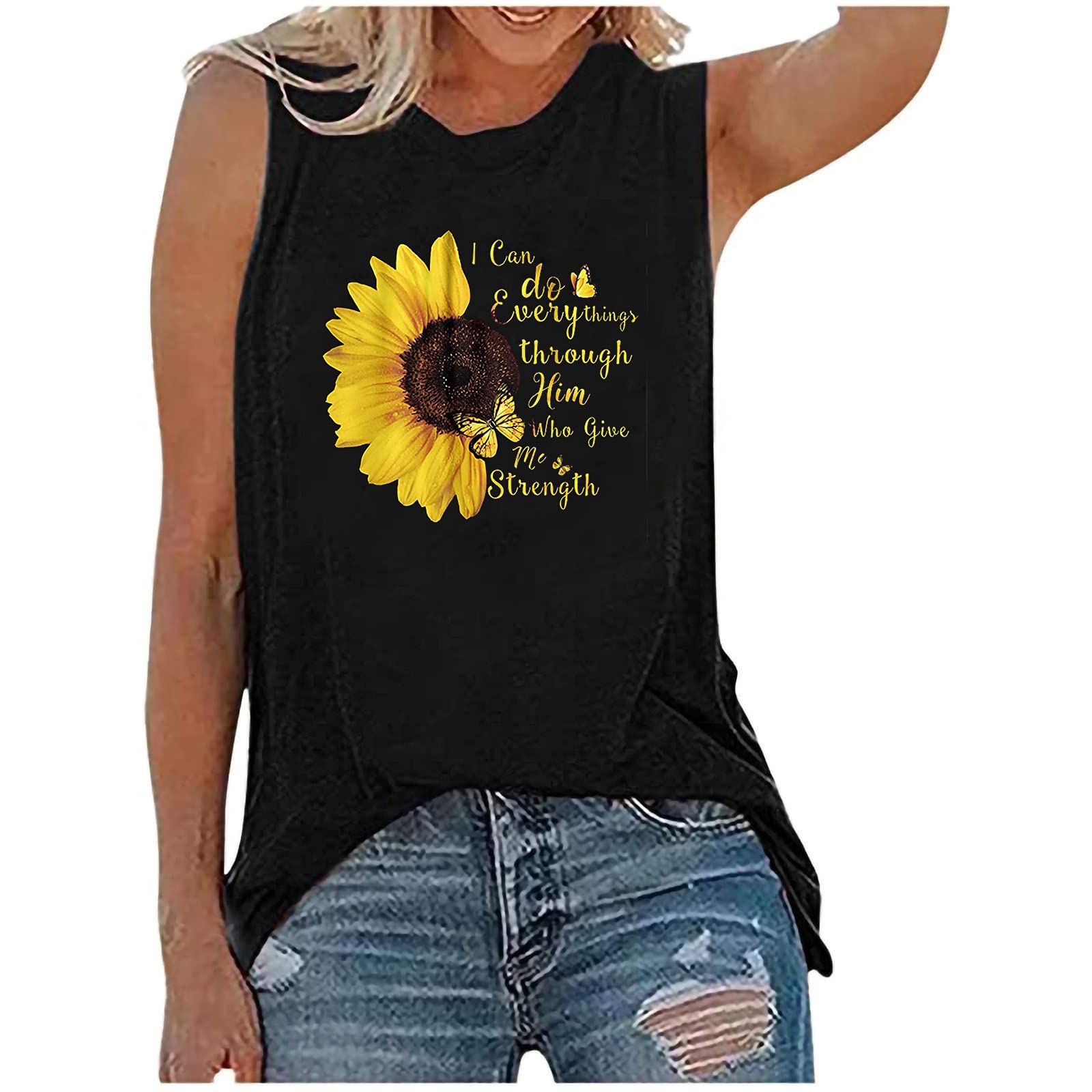Sunflower Print Plus Size Tank Tops for Women - Loose Fitting Summer Tops & Casual Wear - Perfect for Beach, Yoga, and Everyday Comfort