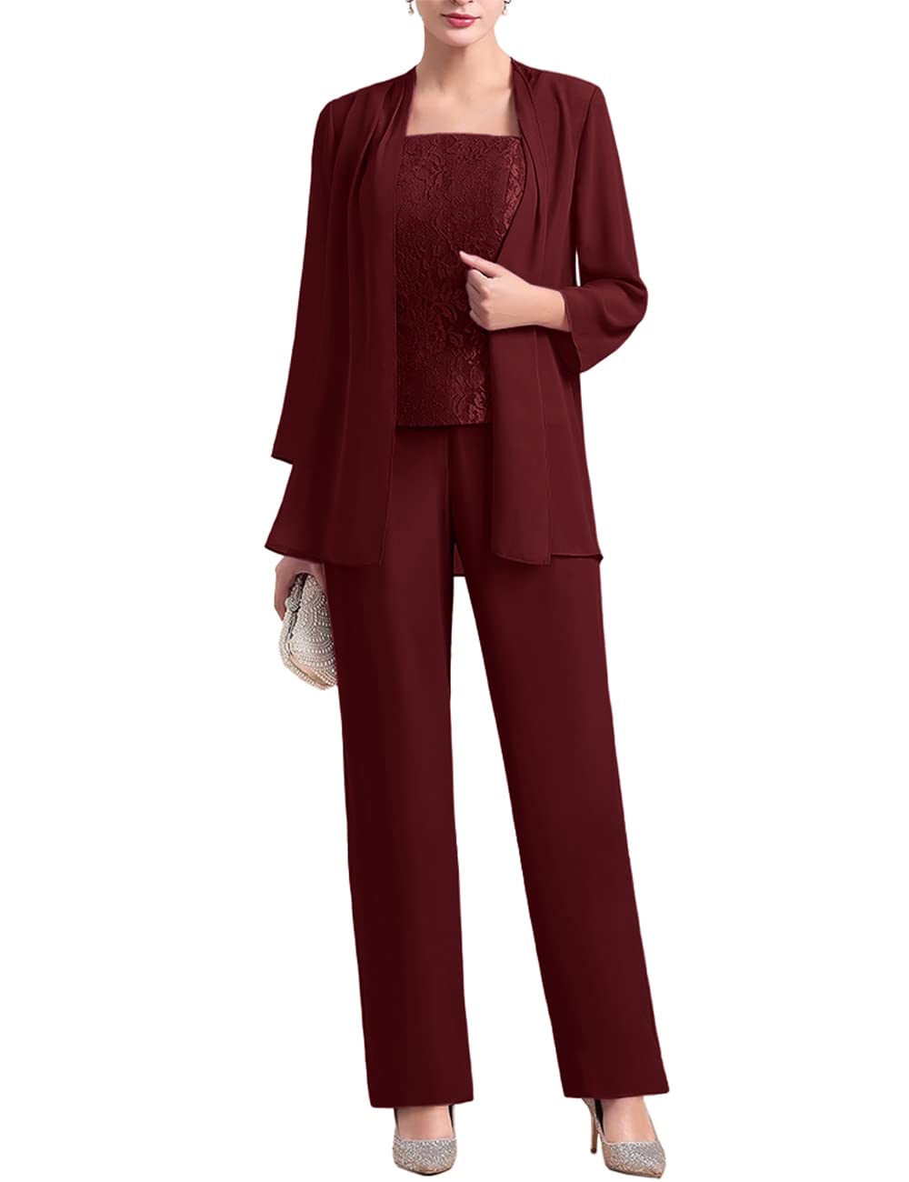 Zongqiven Women's 3-Piece Chiffon Pantsuit Set with Lace Trim - Elegant Mother of the Bride Outfit, Wedding Guest Formal Evening Wear for Special Occasions & Parties