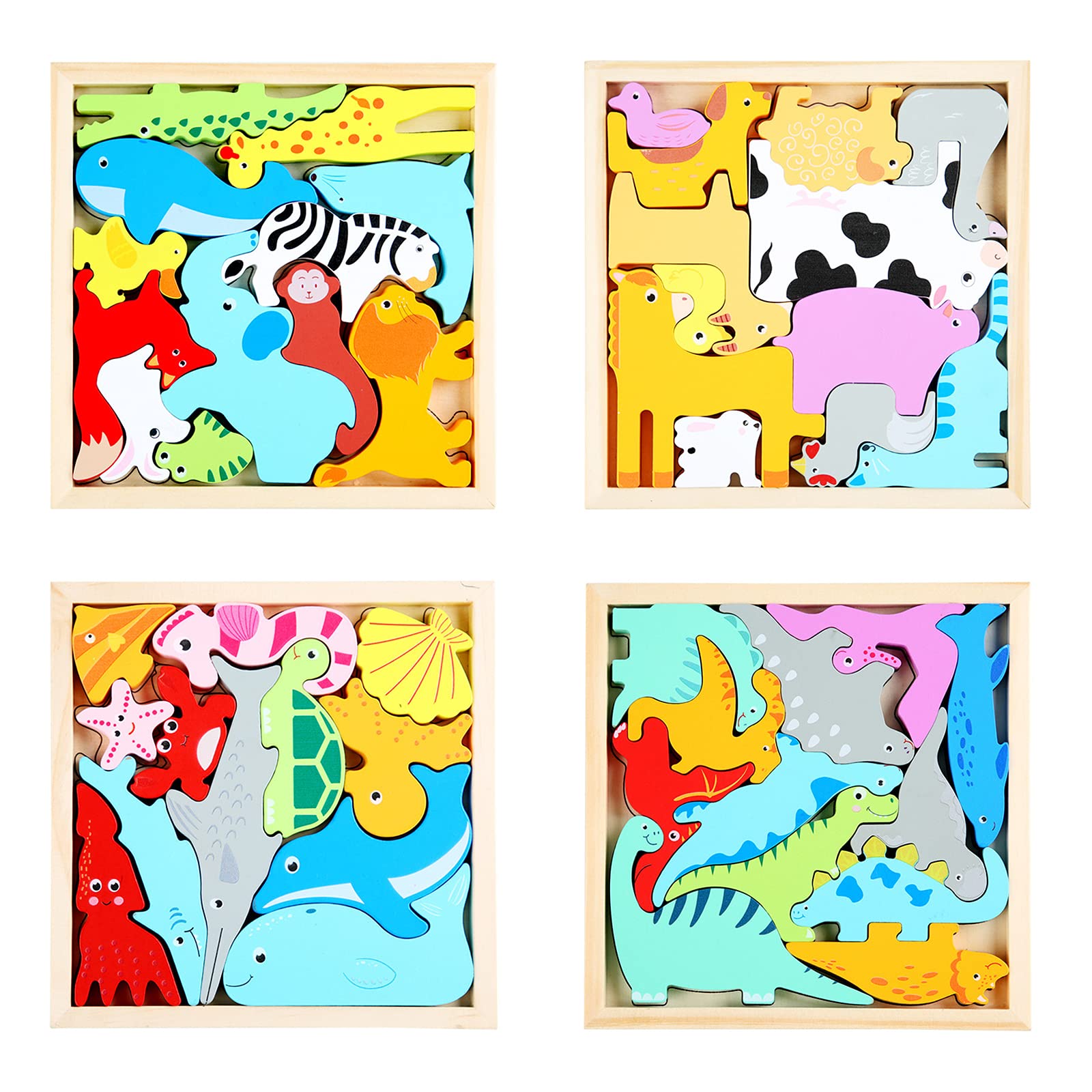 4 Pack Wooden Animal Puzzles for Kids 3-5 - Montessori Learning Toys for Preschool Boys & Girls - Perfect for Early Education & Playtime