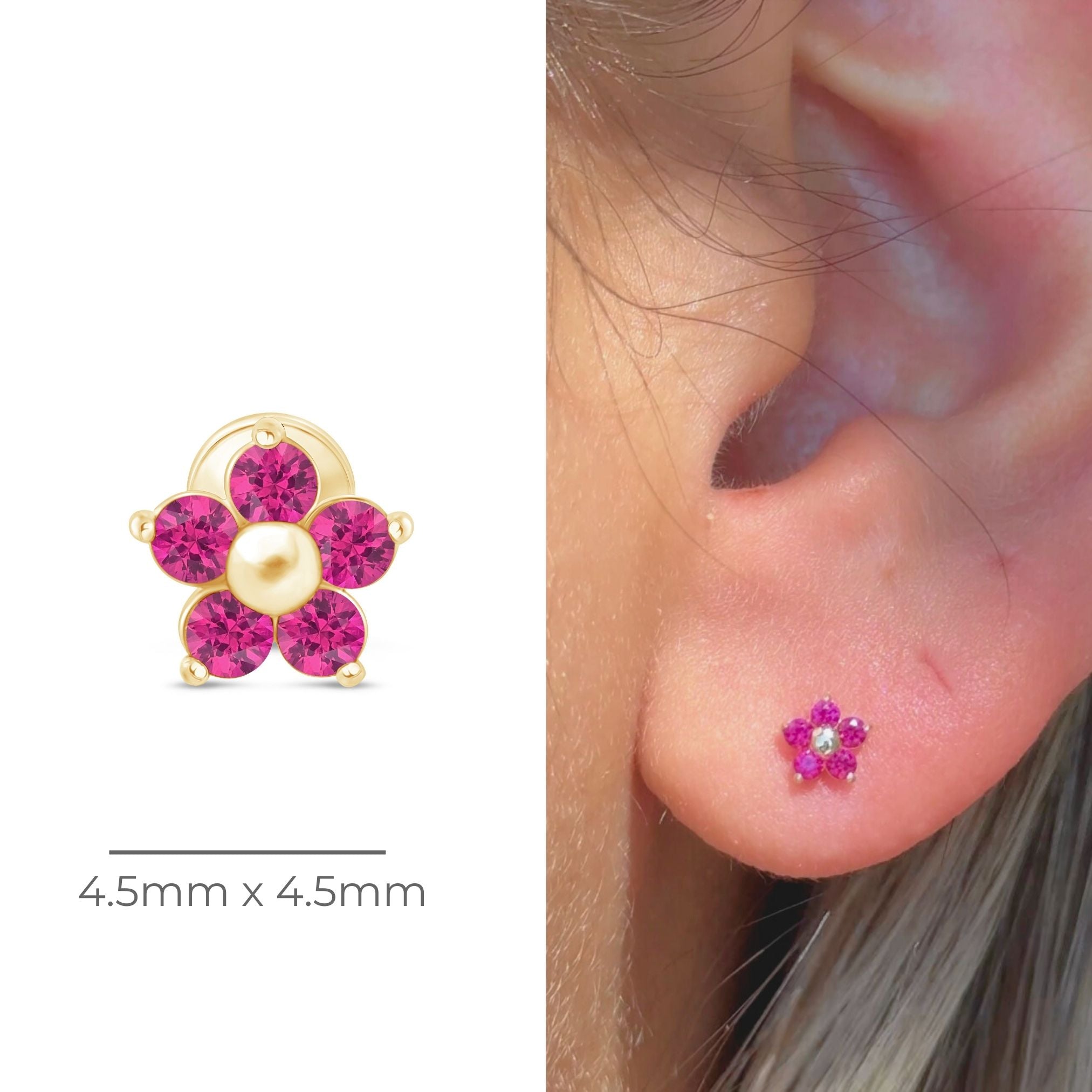 14K Solid Yellow Gold Ruby Flower Stud Earrings for Women - Elegant Floral Jewelry for Daily Wear, Parties & Special Occasions