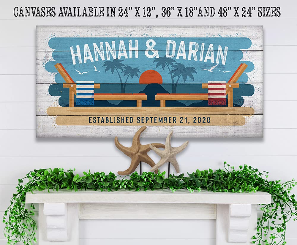 Extra Large 24x48 Personalized Beach Chairs Wood Style Canvas Art - Custom Couples Name Beach Sign, Coastal Decor with Sunset & Palm Tree Print - Perfect for Beach House, Boat & Vacation Home Decor