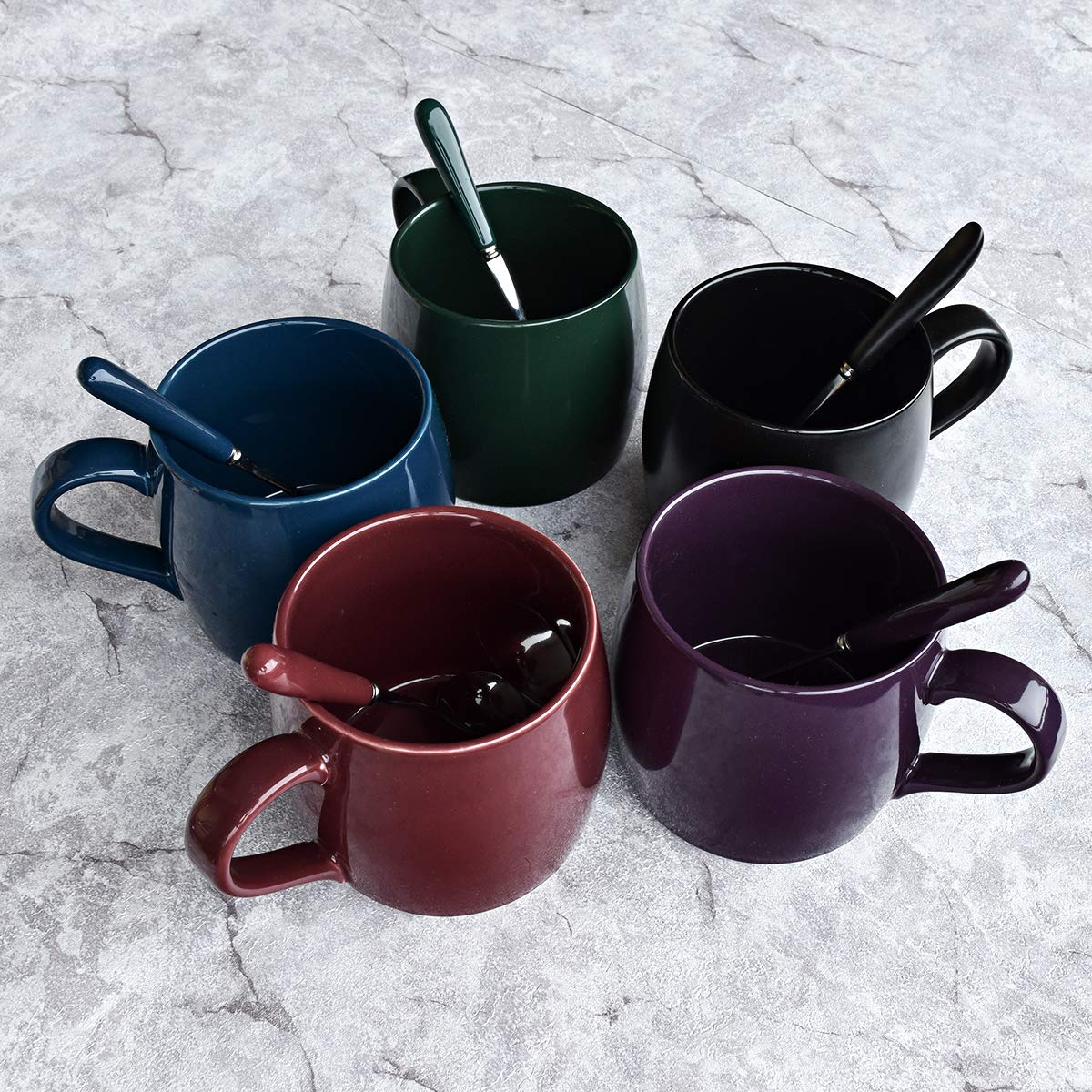 Premium Ceramic Coffee Mug with Spoon - 14oz Green Tea Cup for Office & Home Use - Dishwasher & Microwave Safe - Glossy Finish - Ideal for Coffee, Tea, Hot Chocolate & Soups (1 Pack)