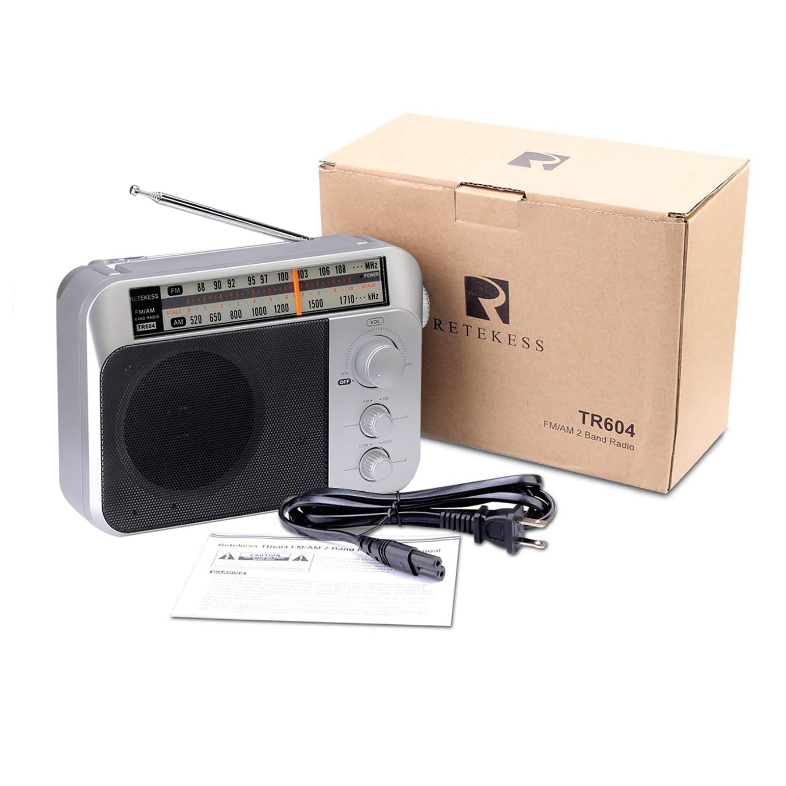 Retekess TR604 Portable AM FM Radio with Earphone Jack - Battery or AC Powered Boombox for Home, Office, Outdoor & Emergency Use (Silver)