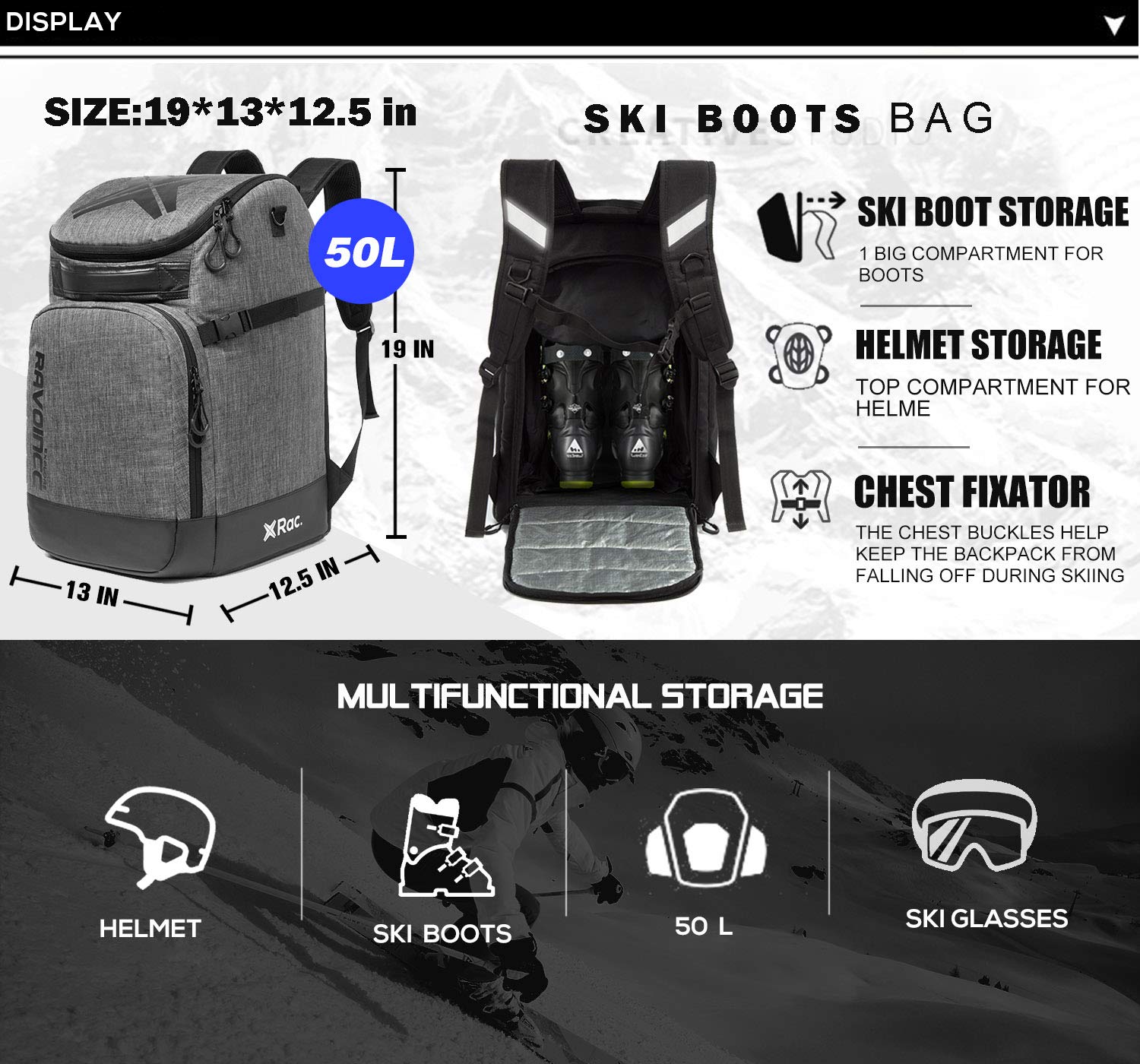 Waterproof 50L Ski Boot Backpack for Men & Women - Snowboard Boot Bag with Helmet Storage, Gloves & Goggles Compartment - Perfect for Skiing, Snowboarding & Winter Travel Gear Organization