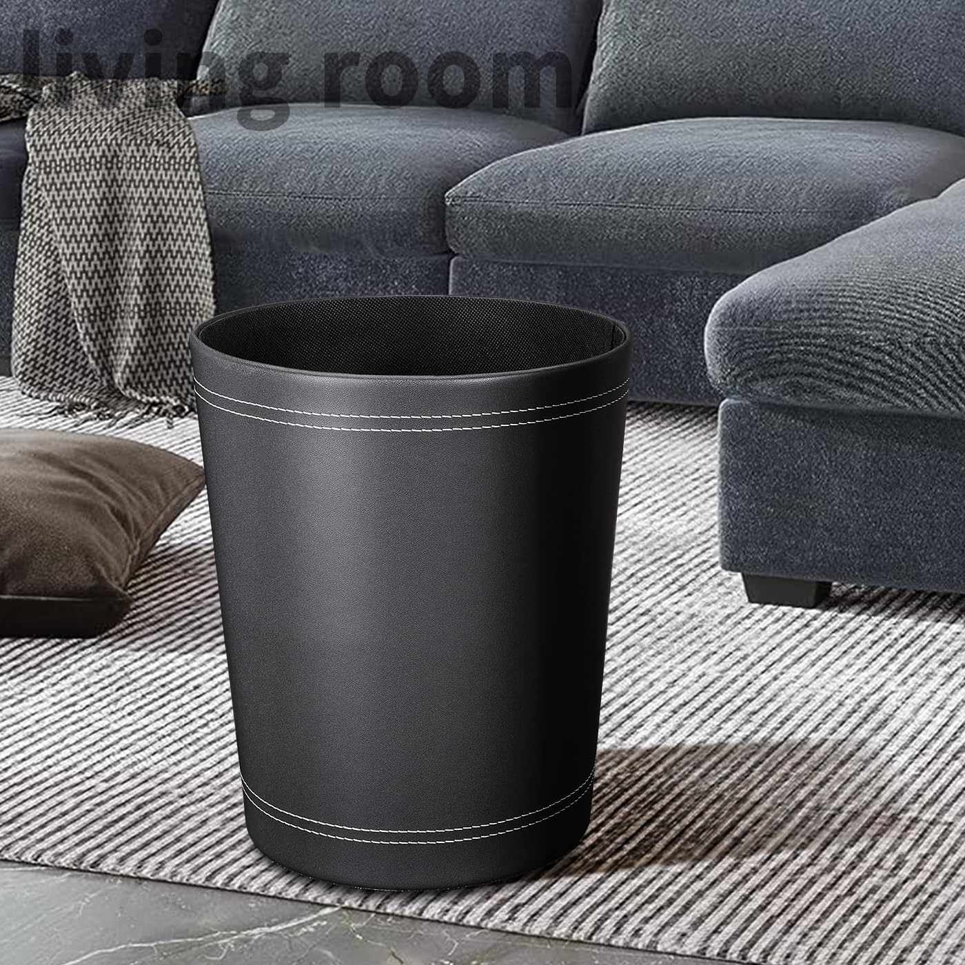 3 Pack Black Round PU Leather Wastebasket - Small Trash Can for Bathroom, Office, Bedroom & Kids Room | Home Decor Garbage Bin with Lid | Space-Saving Waste Paper Basket for Dorm, Kitchen & Living Room