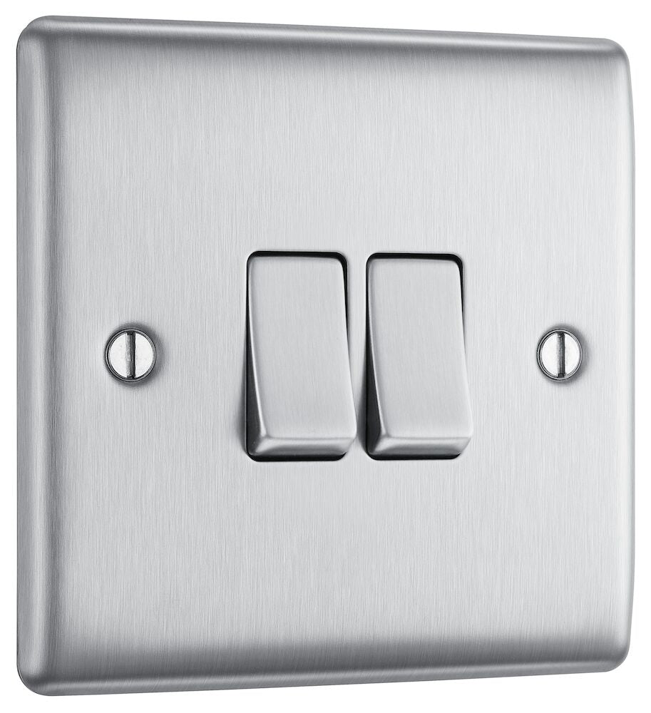 BG Nexus Brushed Steel 2-Gang 2-Way Light Switch Plate NBS42 - Modern Electrical Wall Plate for Home & Office Decor