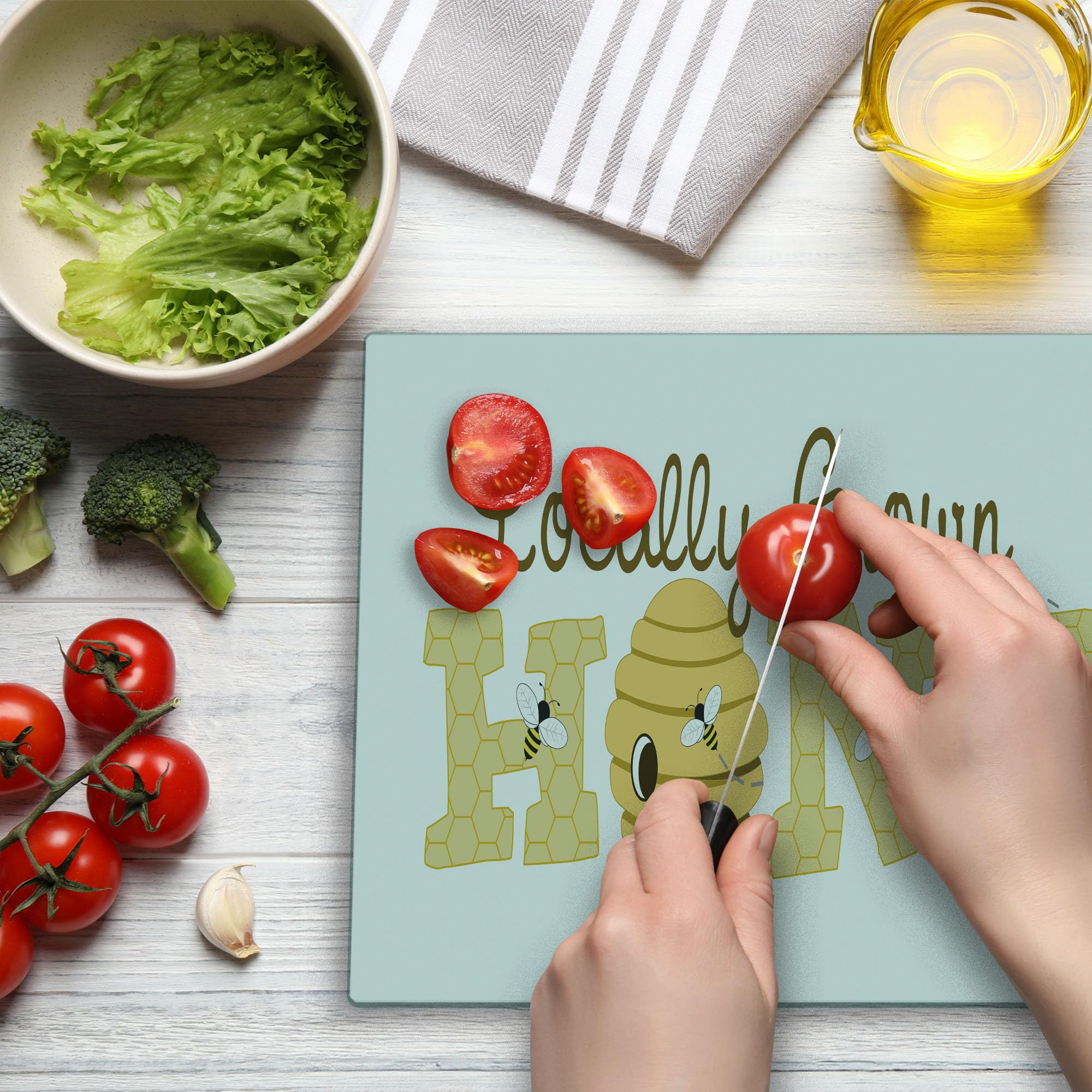 Ambesonne Honey Bee Glass Cutting Board - Large Dark Cocoa Mustard for Kitchen & Serving