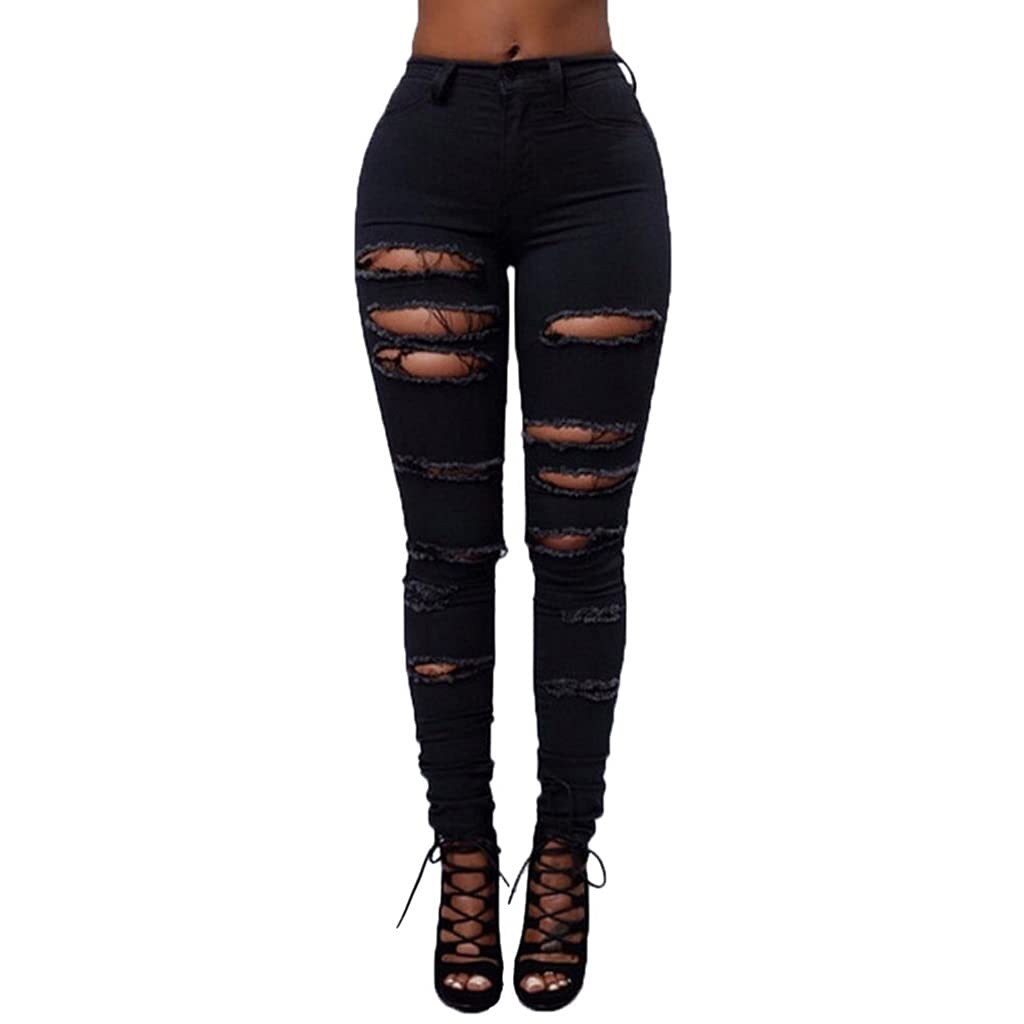 TWDYC Women's Streetwear Jeans - Mid Waist Skinny Stretch Denim Pants with Ripped Holes, Solid Black (Size XL) | Perfect for Casual Outfits, Street Style & Everyday Wear