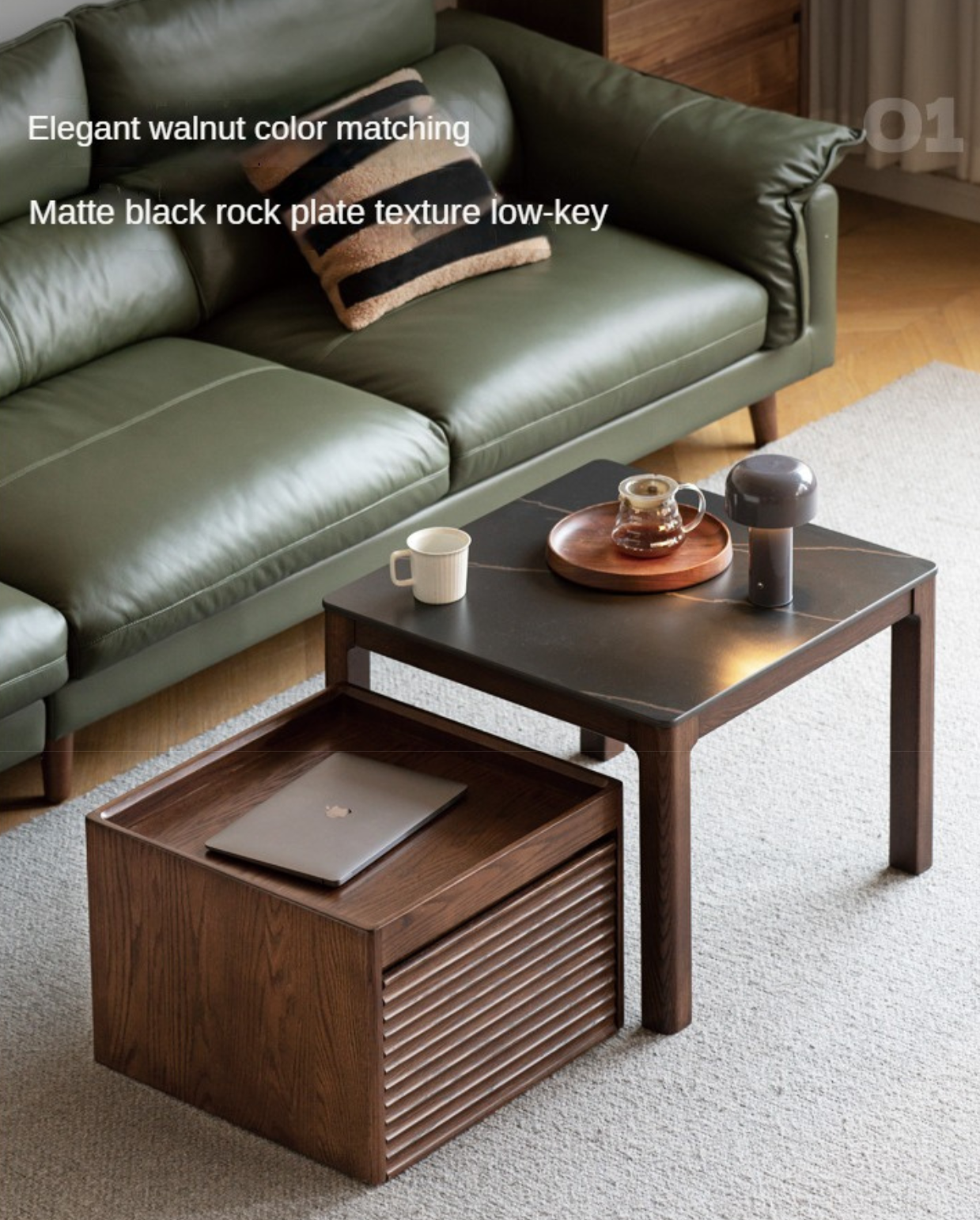 Solid Oak and Black Walnut Wood Rocking Coffee Table - Rustic Movable Side Table for Living Room, Patio, or Outdoor Use