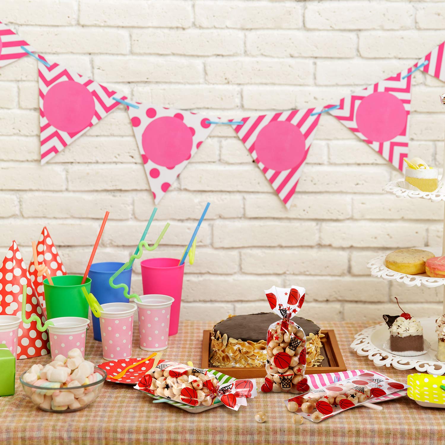 Blulu 100 Pack Basketball Party Favor Bags with Gold Twist Ties - Sports Themed Candy Goodie Bags for Birthday, Game Day & Team Celebration Treats