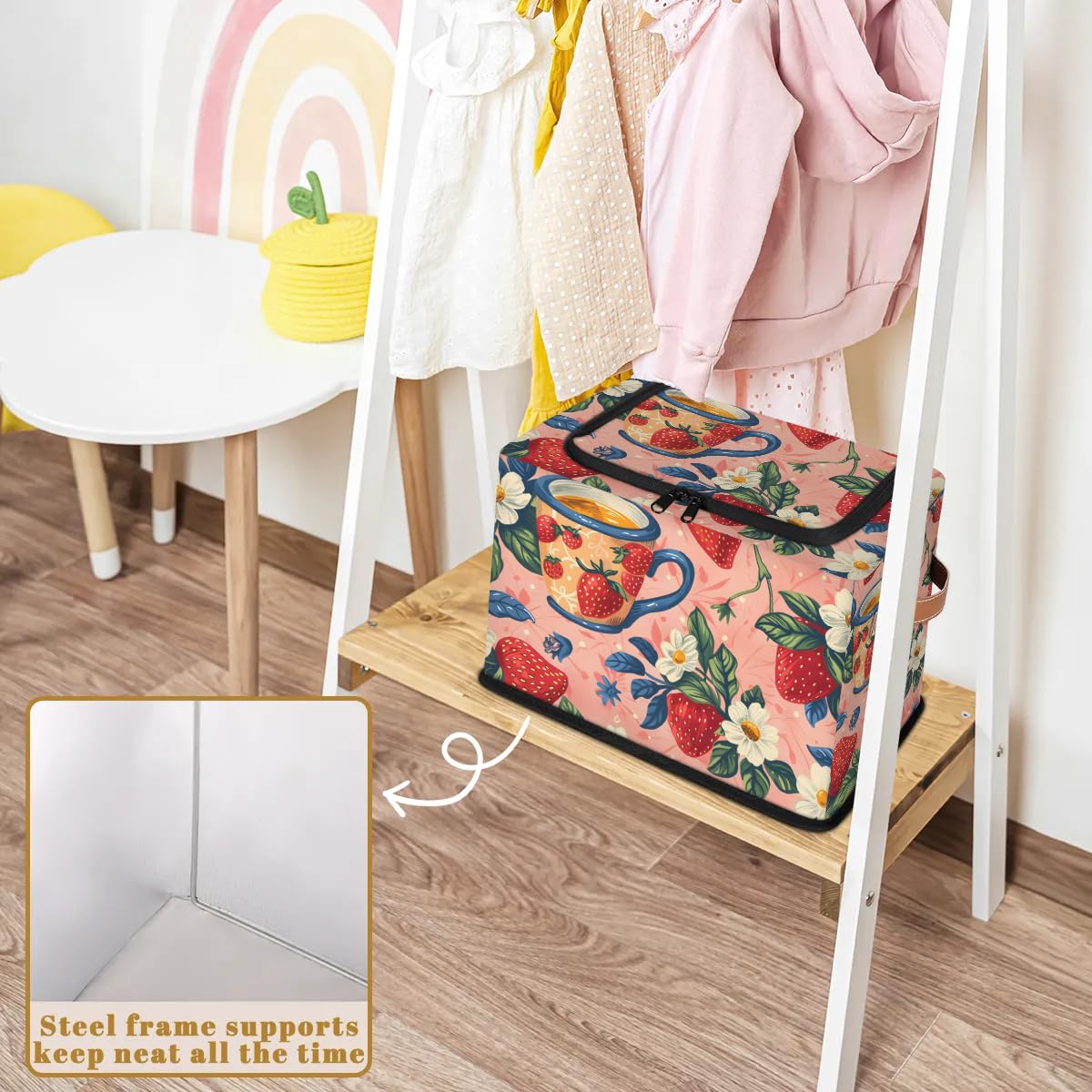 Strawberry Print Storage Bins with Zipper Lid - 2 Pack Stackable Closet Organizer Baskets, Metal Frame Storage Cubes with PU Handles - Perfect for Clothes, Toys, and Home Organization