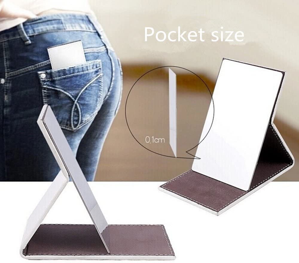Shatterproof Stainless Steel Ultrathin Folding Travel Mirror - Compact Makeup Mirror with PU Leather Case for Women & Men - Perfect for Travel, Camping, Emergency Signaling & Daily Use at Home, Office or Gym