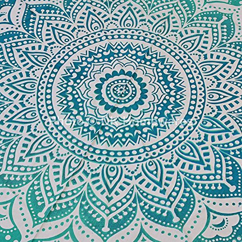 Vibrant Green Blue Indian Mandala Round Tablecloth - 72 Inch Printed Cotton with 2 Inch Lace Fringes - Beach Mat, Picnic Blanket, Floral Wall Tapestry for Boho Home Decor & Outdoor Parties