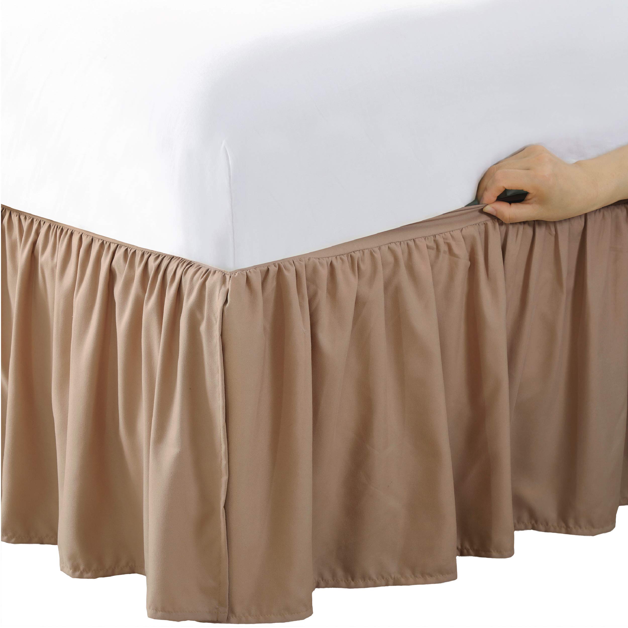 Microfiber Wrap-Around Bed Skirt with Gathered Ruffles - 14 Inch Drop Length for Full Size Beds in Mocha Brown | Easy Installation Without Lifting Mattress | Perfect for Guest Rooms, Master Bedrooms & Home Staging