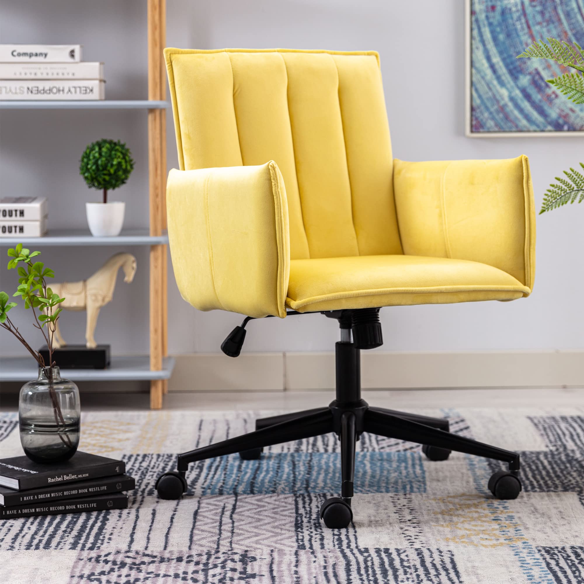 Modern Velvet Swivel Desk Chair with Wheels - Mid-Back Computer Office Chair for Women, Elegant Upholstered Task Chair for Home Office, Living Room & Vanity (Yellow & Black) | Comfortable Workstation Seating for Girls & Women