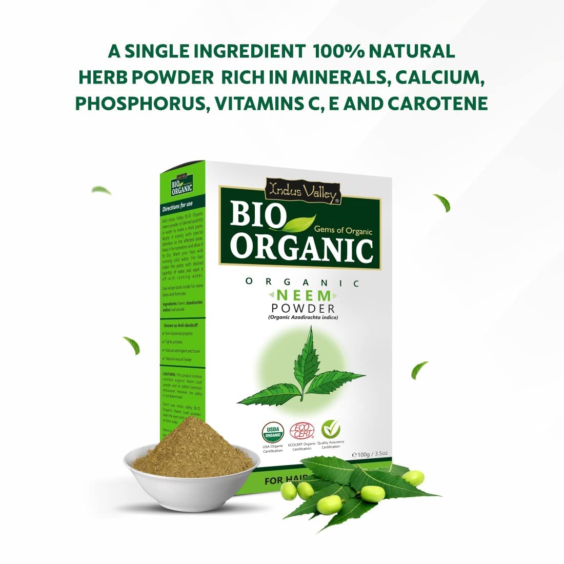 Organic Neem Leaf Powder by INDUS VALLEY | 100% Pure Azadirachta Indica for Skin & Hair Care - Natural Remedy for Acne, Dandruff & Scalp Health with Extra Virgin Olive Oil (100g + 100ml) - Perfect for DIY Face Masks, Hair Treatments & Ayurvedic Massage