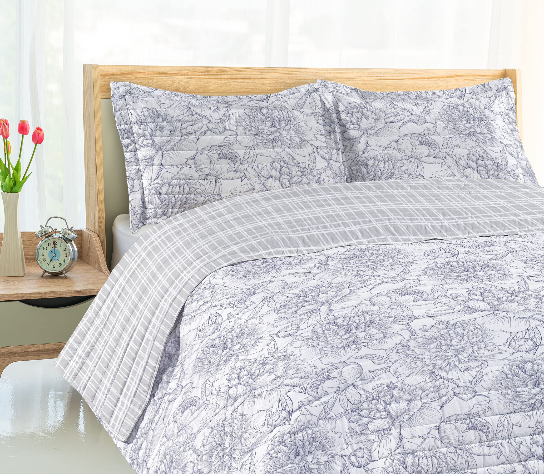 Ambesonne Floral Reversible King Size Bedspread Set - Hand Drawn Rose, Chamomile & Peonies Design on Lavender Blue Microfiber Bedding with Pillow Shams | Perfect for Master Bedroom, Guest Room & Bohemian Home Decor