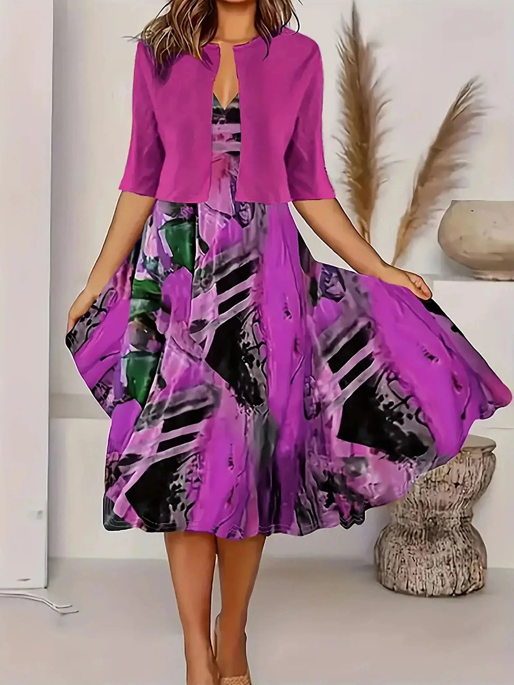 2025 Autumn Women's Long Sleeve Printed Dress with Short Cardigan Set - Casual Office Wear & Fall Outfits for Women