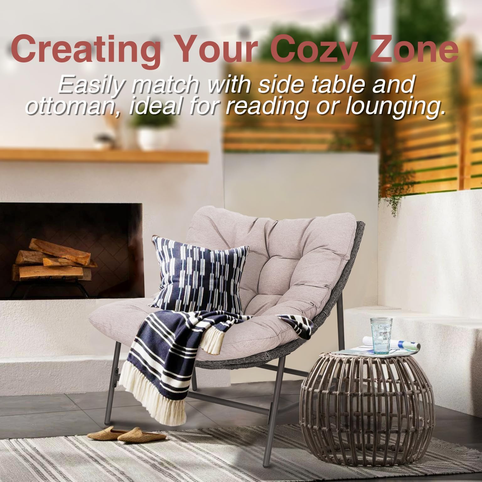 PHI VILLA Outdoor Papasan Chairs Set of 2 - Oversized Wicker Rattan Conversation Chairs with Cushions & Sturdy Steel Frame - Comfy Reading Lounge Chairs for Patio, Porch, Deck, Balcony & Garden - Perfect for Relaxing, Sunbathing & Outdoor Conversations